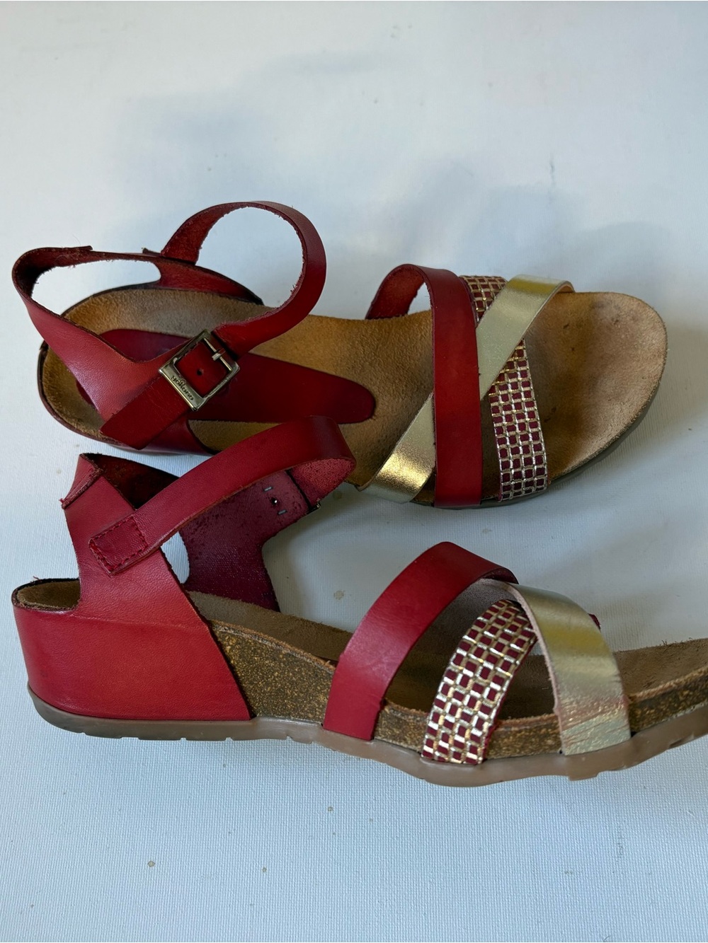 Red and Gold Strappy Comfort Wedge Sandals